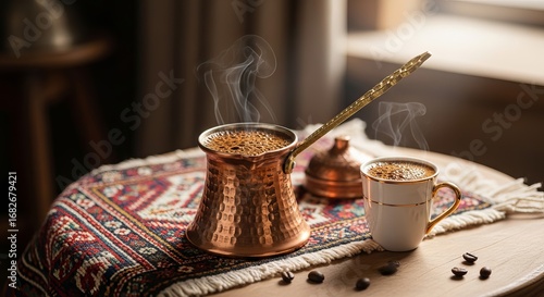 Authentic turkish coffee preparation with copper cezve and vintage cup still life photo