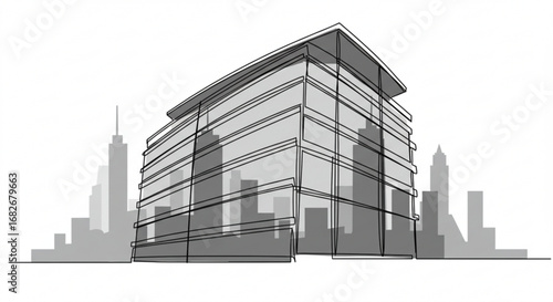 Modern glass building in urban cityscape with skyline background