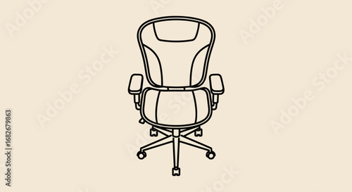 A minimalist black line art illustration of a modern ergonomic office chair with wheels, shown from a frontal perspective on a solid background.