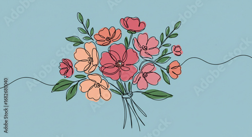 Colorful handdrawn flower bouquet with green stems and leaves