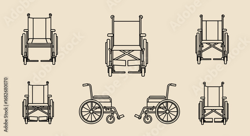 A collection of wheelchair illustrations in a line art style, showing various angles including front, back, and side views on a beige background.