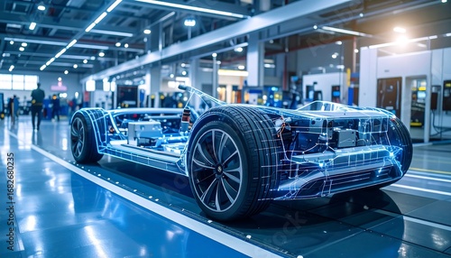 A futuristic automotive chassis design displayed within a modern manufacturing facility.  A digital representation of the vehicle's internal structure overlays the physical chassis
