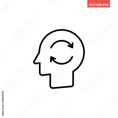 Black single reload head line icon, simple memory brain refresh flat design infographic pictogram vector for app logo web button ui ux interface elements isolated on white background