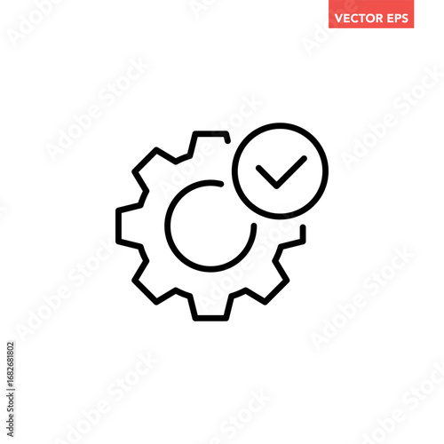 Black single check setting line icon, technical specification conformity badge flat design infographic pictogram vector for app logo web button ui ux interface elements isolated on white background