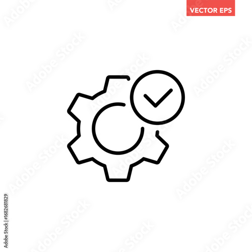 Black single check setting line icon, technical specification conformity badge flat design infographic pictogram vector for app logo web button ui ux interface elements isolated on white background