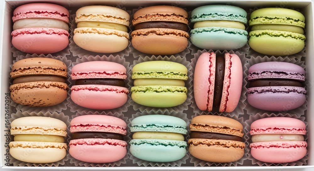 Fototapeta premium Elegant Assortment of Colorful French Macarons in Gift Box Delicious