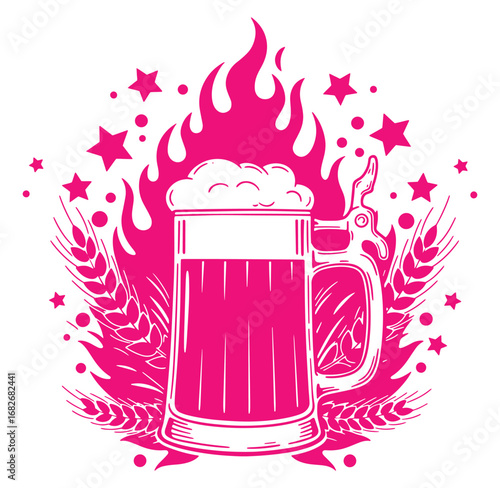 Beer stein with flames stars and wheat representing festive celebration or event