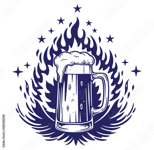 Bold vector illustration of a frothy beer mug surrounded by stylized flames and stars
