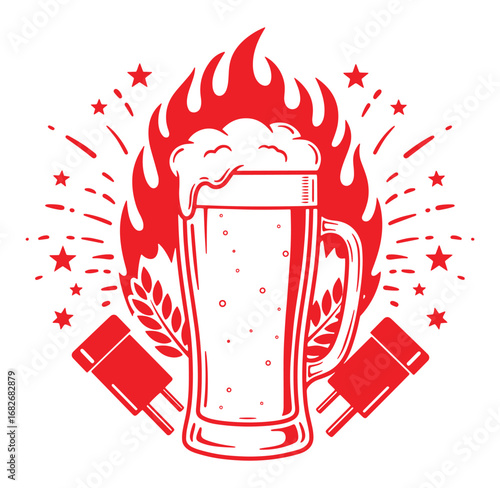 Bold red illustration of a frothy beer mug with flames and festive beer party elements