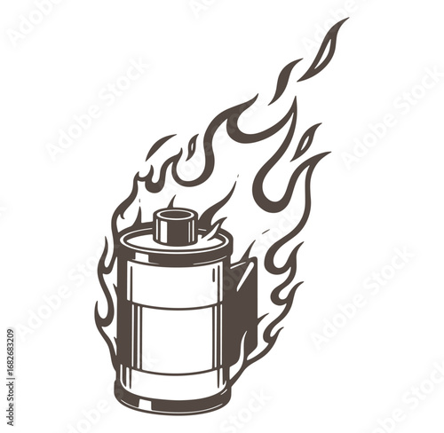 Burning camera film roll silhouette depicting photography and conceptual destruction