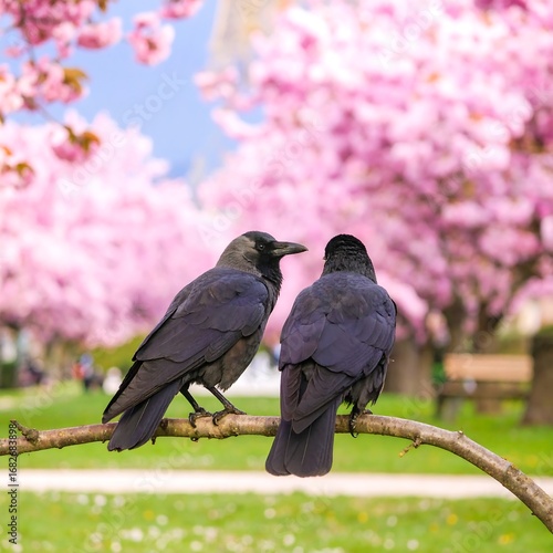 Two crows on a branch amidst pink cherry blossoms