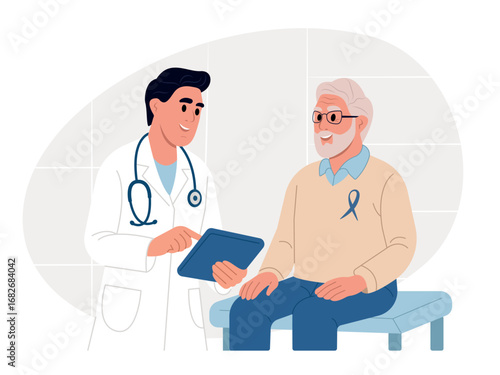 Doctor talking to patient in hospital. Medical checkup concept focused on health, diagnosis, and patient care. Vector illustration in flat style.