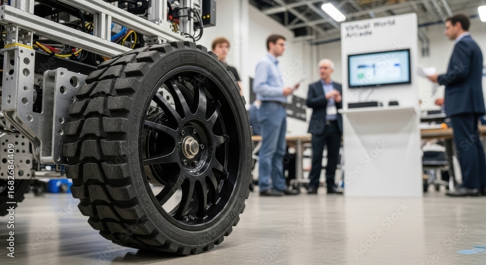 Fototapeta premium Large tire of robotic machine in modern office with business people in discussion