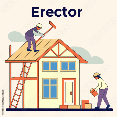 House Building Concept – Workers Constructing Home with Tools and Materials, House Construction and City Development Flat Vector Illustration
