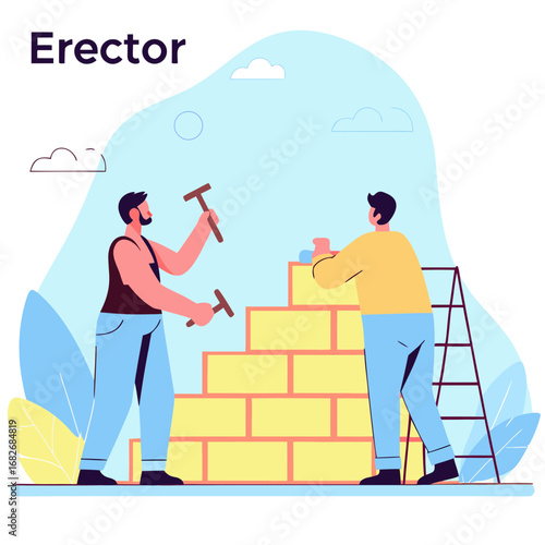 House Building Concept – Workers Constructing Home with Tools and Materials, House Construction and City Development Flat Vector Illustration
