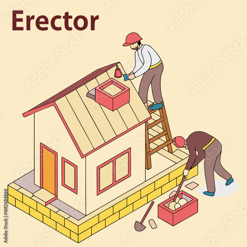 House Building Concept – Workers Constructing Home with Tools and Materials, House Construction and City Development Flat Vector Illustration
