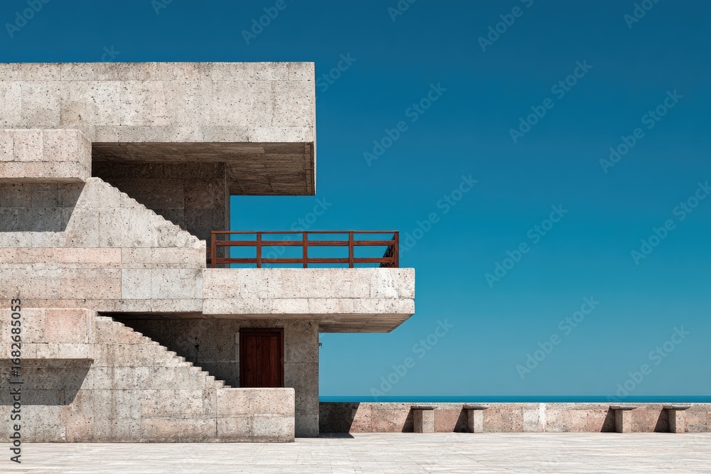 Fototapeta premium Modern concrete building with steps and balcony against a vibrant blue sky
