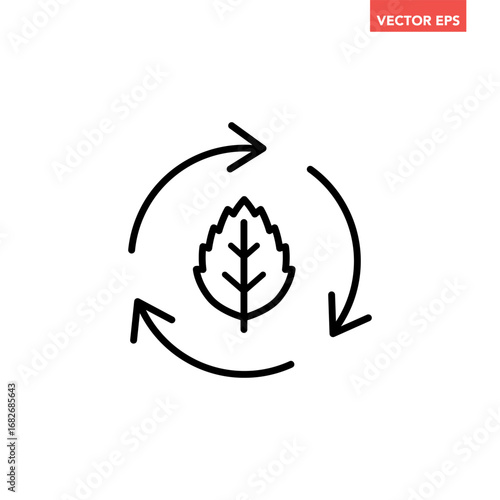 Black single round zero waste line icon, simple renewal nature sign or organic recycle symbol lat design pictogram vector for app ads web button ui interface elements isolated on white background