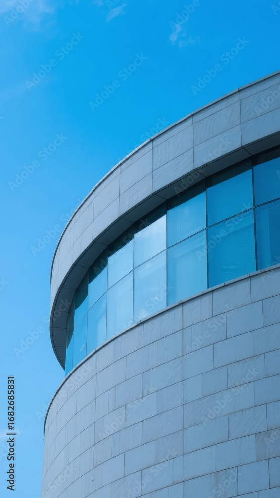 Obraz premium Curved Modern Building with Glass Windows Against a Clear Blue Sky