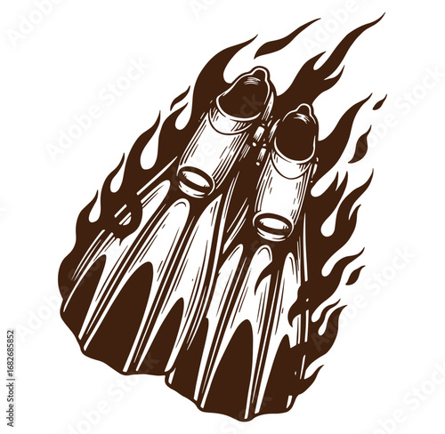 Dynamic illustration of swimming fins engulfed in flames depicting passionate diving