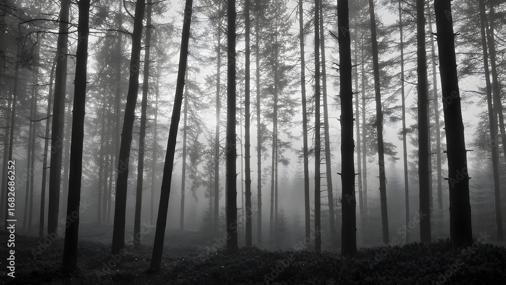 Fototapeta premium Moody Black and White Photograph of a Foggy Pine Forest, Eerie Atmosphere, Mysterious Woodland Scene.