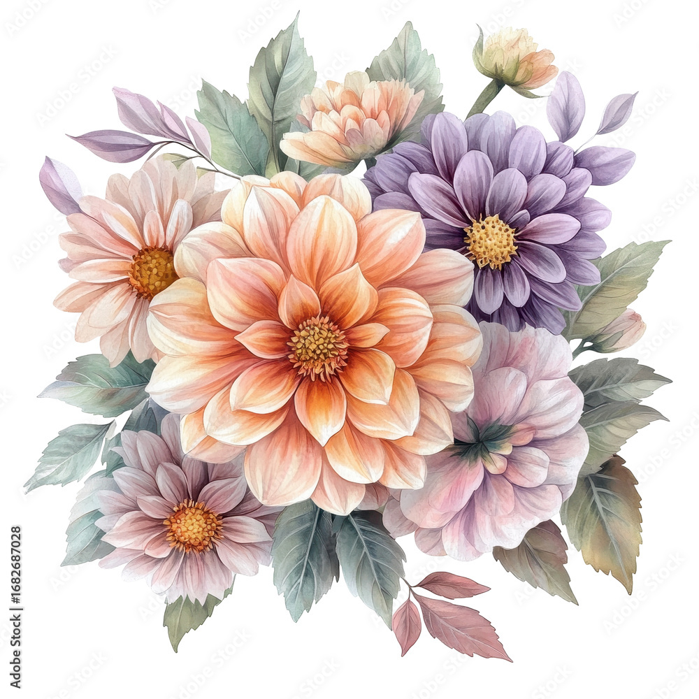 Obraz premium Elegant Watercolor Dahlias Bouquet Soft Hues Floral Art,, isolated on a transparent background