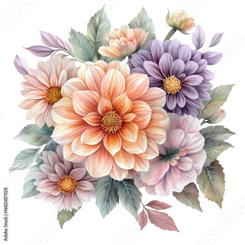 Elegant Watercolor Dahlias Bouquet Soft Hues Floral Art,, isolated on a transparent background