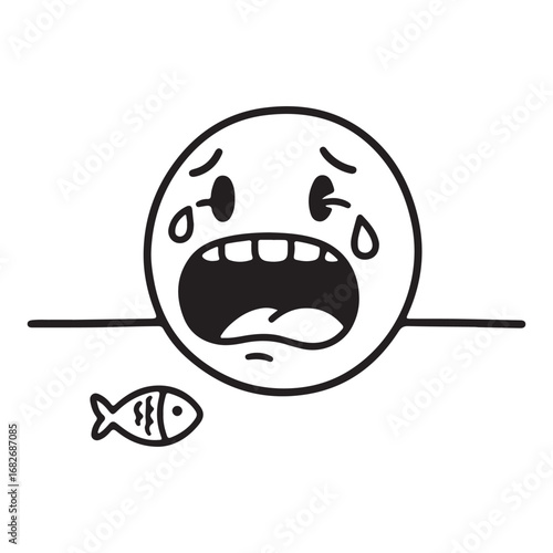 Distressed cartoon face with open mouth and tears next to a small fish crying upset