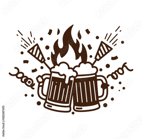 Festive illustration of beer mugs confetti firecrackers and celebrating good times