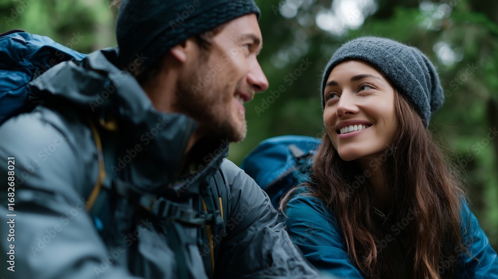 Couple enjoys a moment of connection while hiking in a lush forest during a cool afternoon