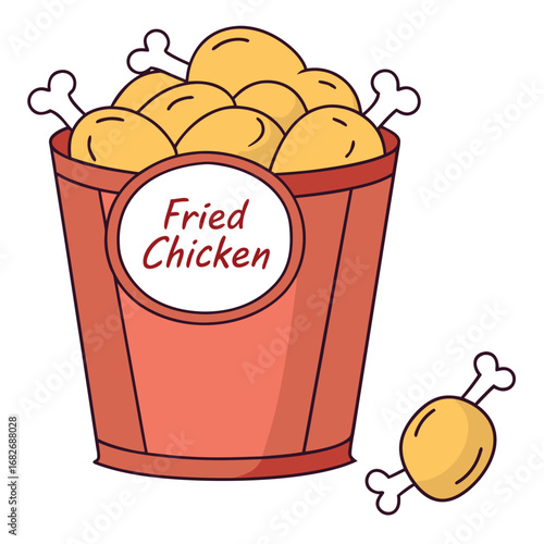 Vector art of bucket of delicious fried chicken with bones and a single piece of chicken on the side