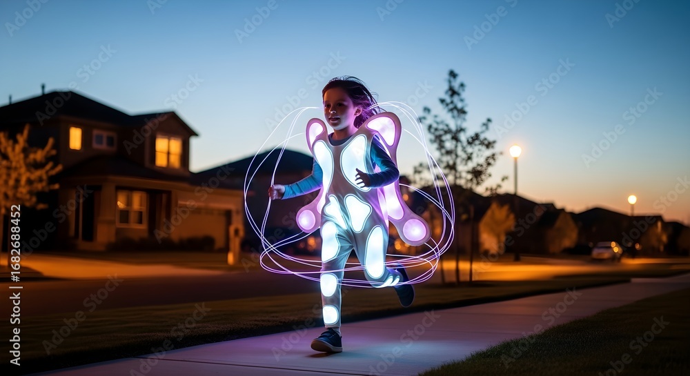 Obraz premium The future of trick-or-treating, a modern Halloween concept showcasing a child's luminous, high-tech costume at dusk