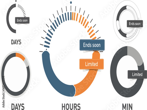 A versatile set of modern circular countdown timers and progress indicators. Vector infographic elements for deadlines, limited offers, and sales promotions