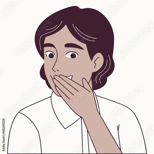 Vector art of a person covering their mouth with their hand, looking surprised or amused, with a simple illustration style