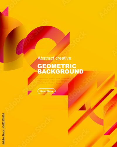 Bright yellow backdrop features layered geometric shapes. Red, orange, pink hues create dynamic visual interest. Text promotes further exploration.