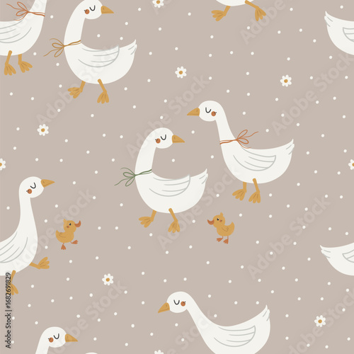 Vector seamless pattern with cute geese family on a beige background. Seamless for wrapping paper, greeting cards and other. Can be used for wallpaper, textile, packaging.