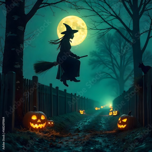 Scary Halloween night with black cats and pumpkins