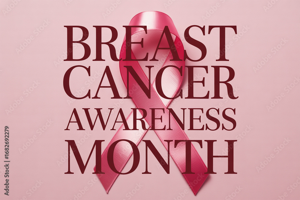 Fototapeta premium Breast Cancer Awareness Month message with pink ribbon and bold text on a soft pink background, perfect for campaigns and support