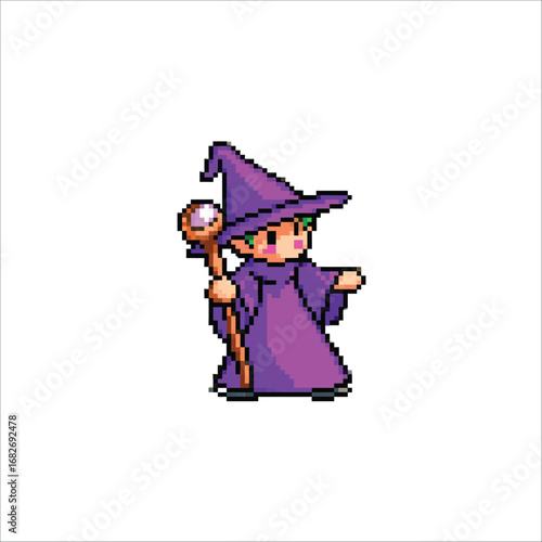 Pixel Art Mage Casting Spell with Magical Staff