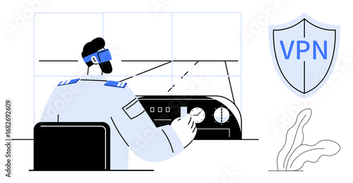 Pilot adjusting control settings in cockpit chair, shield icon labeled VPN emphasizing security and protection. Ideal for cybersecurity, navigation, technology, safety, aviation, protection, remote