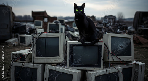 Black cat on ewaste pile.