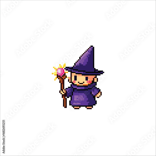Charming Pixel Art Wizard Holding a Magical Staff