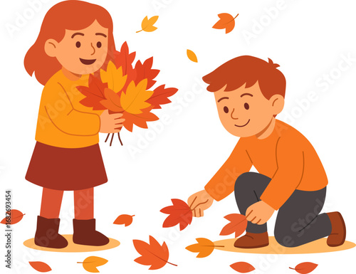 Vector illustration of happy children collecting autumn leaves outdoors. Seasonal flat design for fall, childhood, nature, and seasonal concepts.