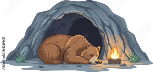 grizzly bears winter slumber a peaceful cave scene illustration, isolated on transparent background