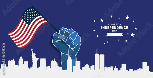 American flag hand fist NYC skyline Independence Day Vector graph