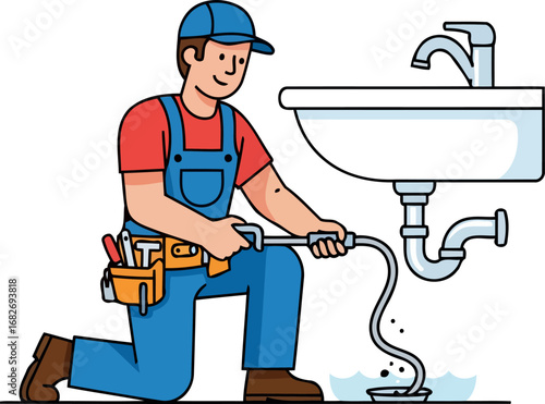 happy plumber repairing sink drain quick fix, clean water, home service, isolated on transparent background