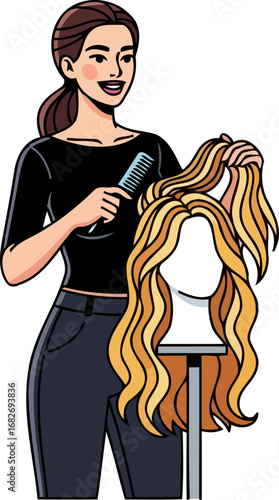 hair stylist styling long blonde wig mastering the art of hairdressing, isolated on transparent background