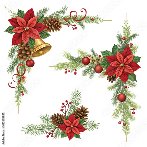 Christmas floral corner decorations with poinsettias and bells isolated on transparent background