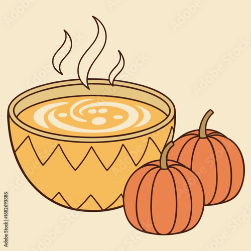 Vector art of a warm bowl of pumpkin soup with two pumpkins beside it, perfect for autumn