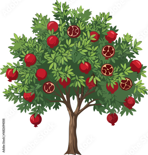lush pomegranate tree a bountiful harvest of juicy, red fruits, isolated on transparent background